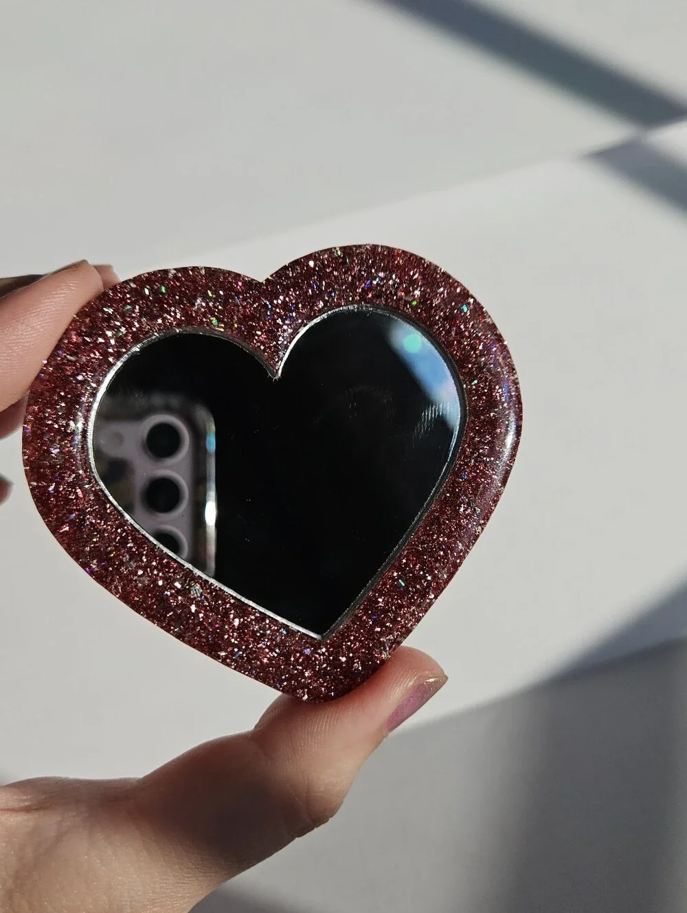 Handmade Pink Glitter Heart Resin Pocket Mirror Cute Girly Accessories